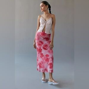 UO Wave Maxi Mesh Skirt, Size Medium - Pink Rose Print